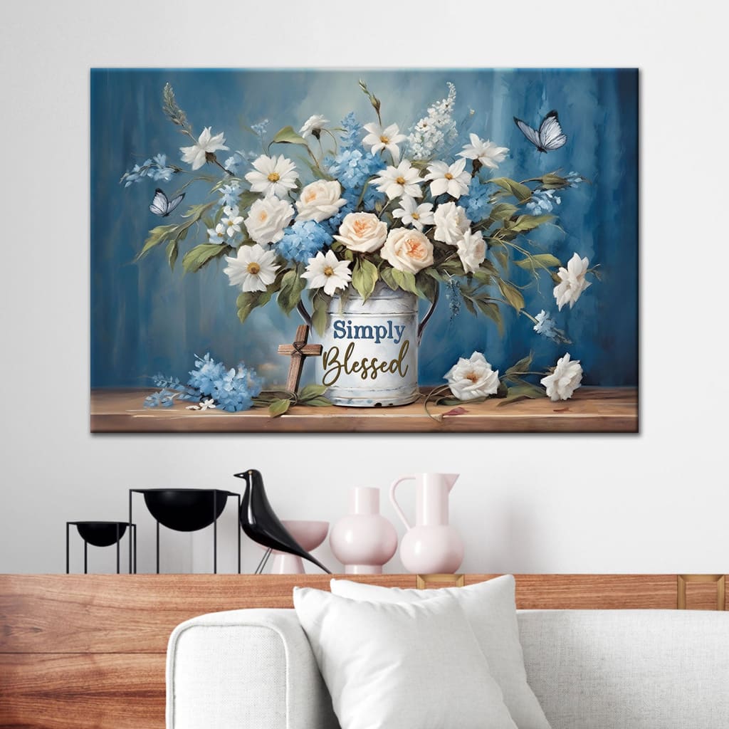 Simply Blessed Wall Art Canvas Flowers and Butterflies Christian Wall Decor