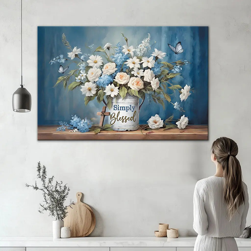 Christian home decor: "Simply Blessed" wall art canvas with flowers and butterflies. A meaningful faith-filled gift.
