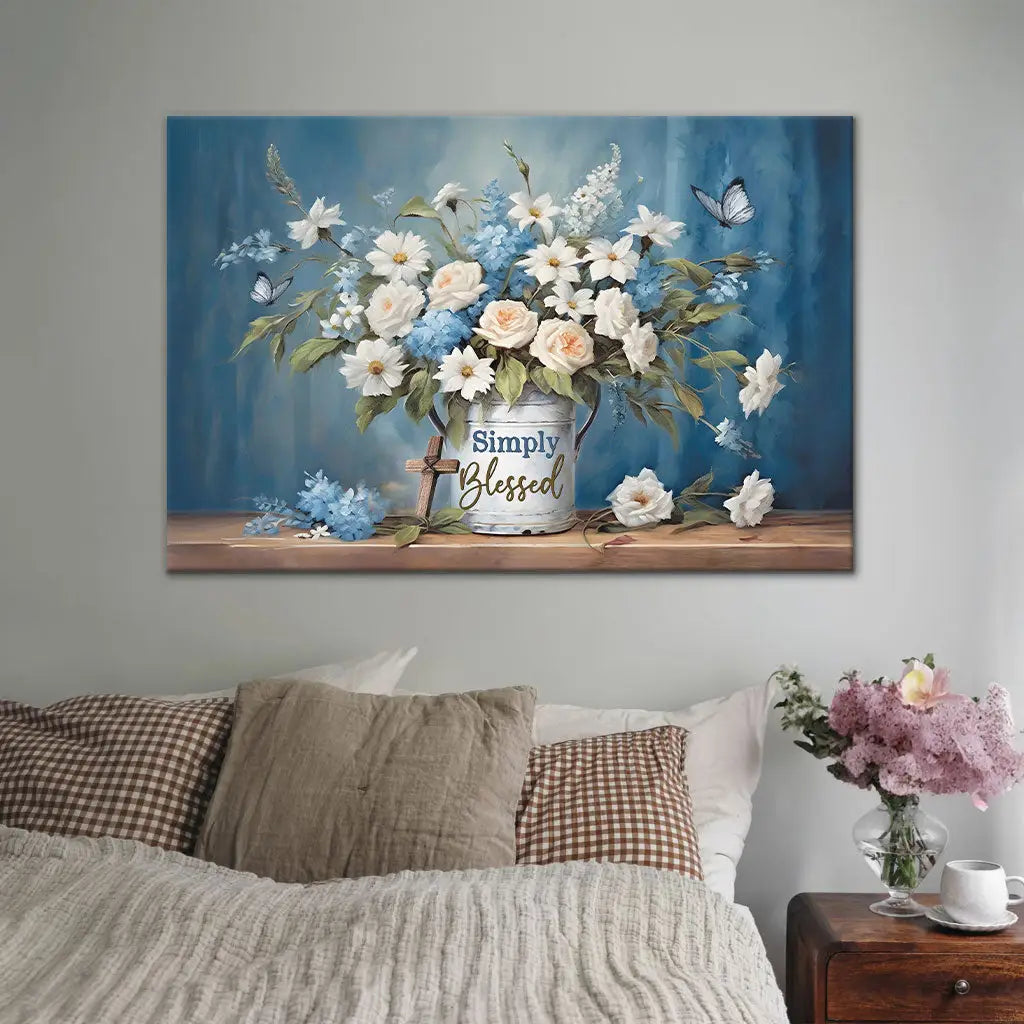 Scripture-inspired wall art: "Simply Blessed" Christian canvas with a floral and butterfly theme for home decoration.