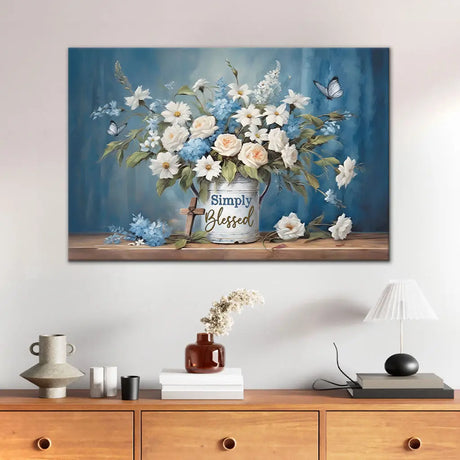 Christian wall art canvas: "Simply Blessed" with flowers and butterflies. Inspirational faith-based home decor.