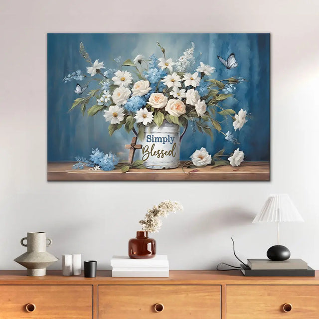 Christian wall art canvas: "Simply Blessed" with flowers and butterflies. Inspirational faith-based home decor.