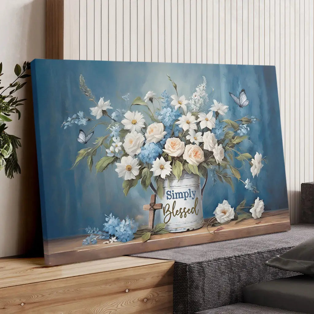 Faith-based canvas print: &quot;Simply Blessed&quot; with a floral and butterfly design. Perfect Christian wall decor.
