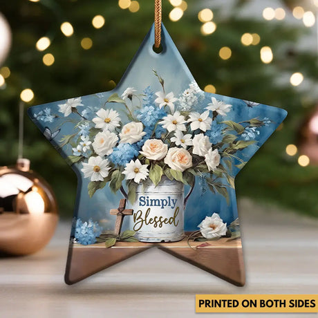 Uplifting ornament featuring butterflies and flowers, a reminder to feel blessed in all things.