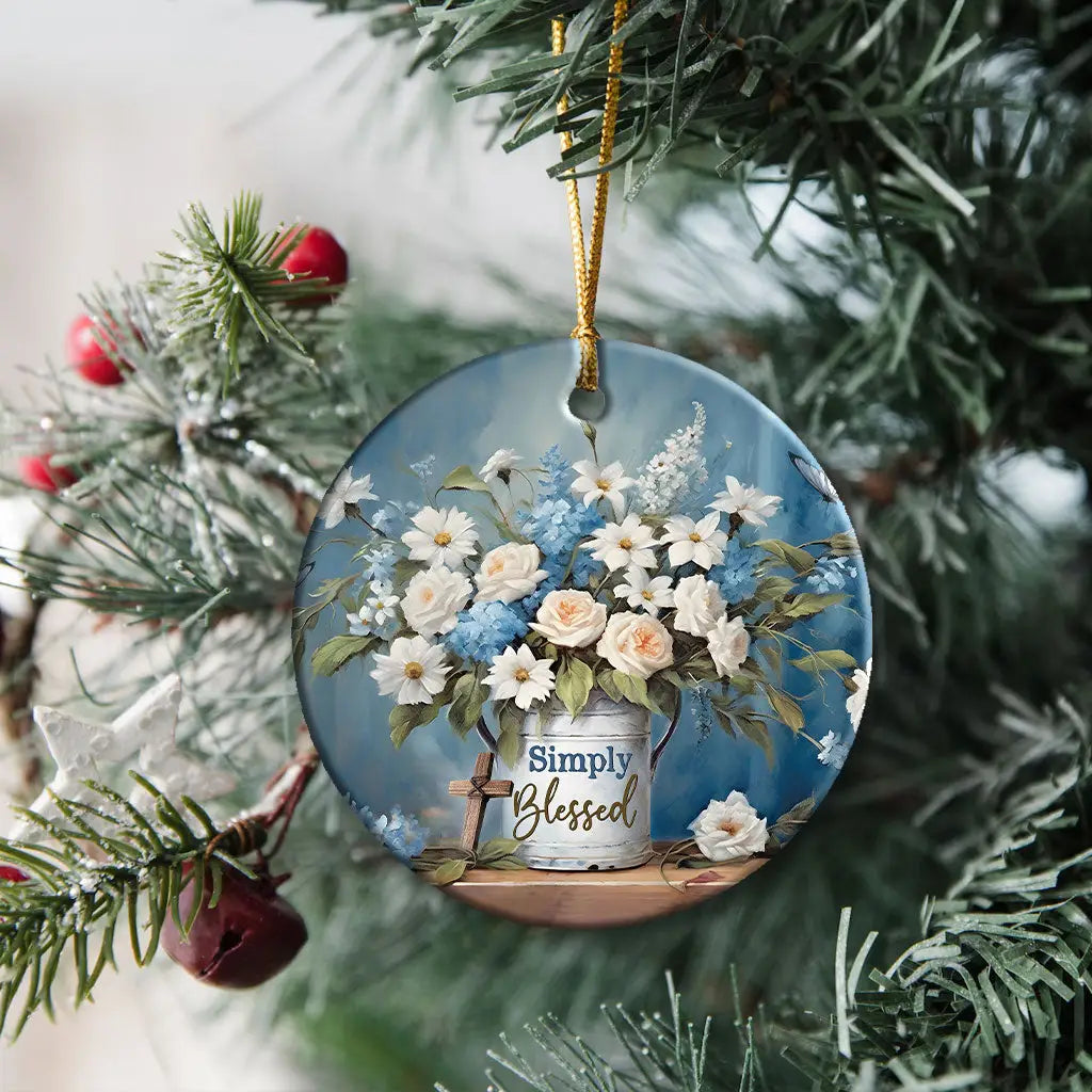 Faith-based ornament with floral and butterfly design celebrating the beauty of God’s blessings.