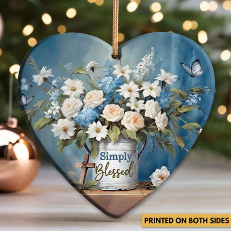 Religious ornament with “Simply Blessed” quote, perfect for Christmas or housewarming.