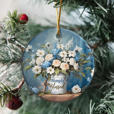 Simply Blessed ornament with flowers and butterflies symbolizing gratitude and God’s grace.