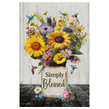 "Simply Blessed" wall art canvas, showcasing hummingbirds and flowers in a vase.