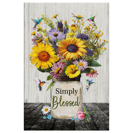 "Simply Blessed" wall art canvas, showcasing hummingbirds and flowers in a vase.