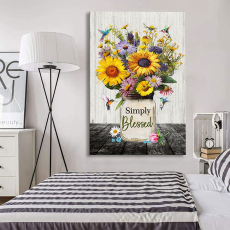 Christian home decor featuring "Simply Blessed" with hummingbirds and vibrant flowers in a vase.