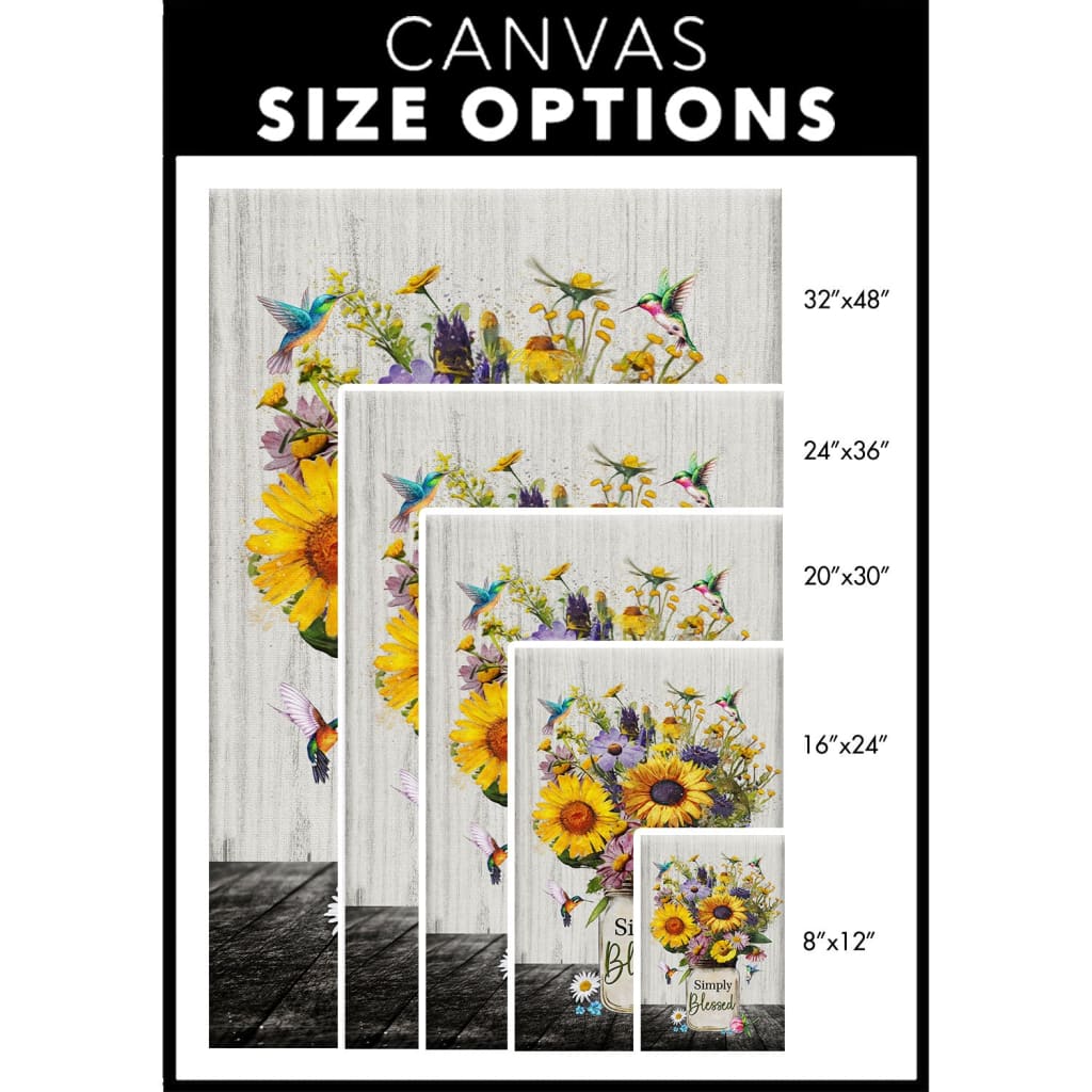 Christian wall decor with the words "Simply Blessed," featuring hummingbirds and a colorful flower vase / canvas size options.