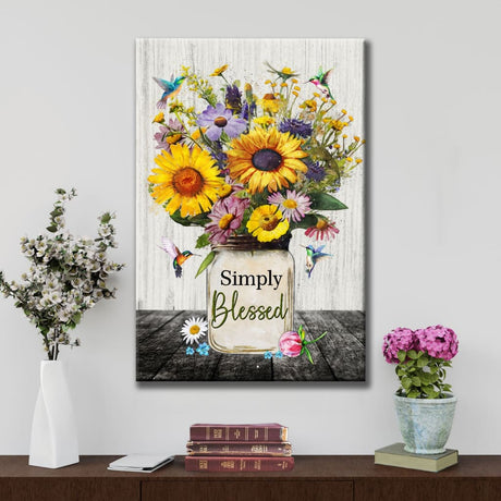 "Simply Blessed" Christian wall art canvas with hummingbirds and a lush flower vase.
