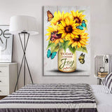 Inspirational wall art canvas print with "Today I Choose Joy," sunflower, and butterfly vase, ideal Christian gift for homes.