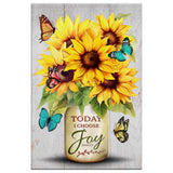Faith-based wall art canvas with "Today I Choose Joy" message, sunflower, and butterfly vase design, great for Christian homes.