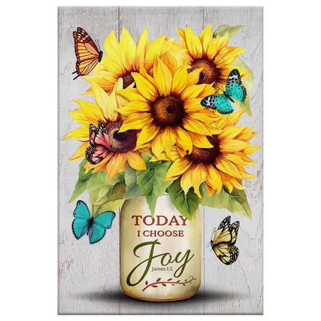 Faith-based wall art canvas with "Today I Choose Joy" message, sunflower, and butterfly vase design, great for Christian homes.