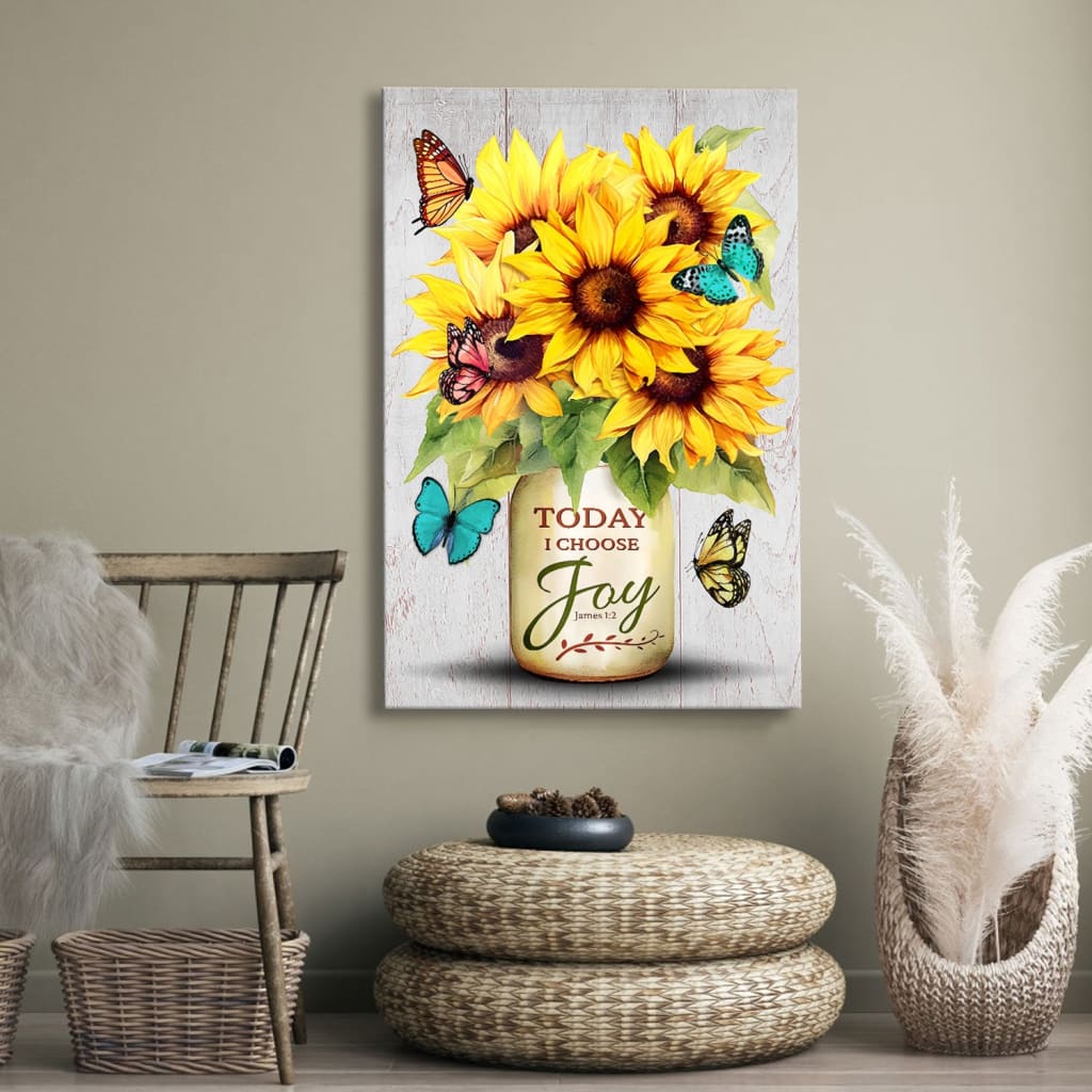 Christian wall art featuring "Today I Choose Joy" with sunflower and butterfly vase, perfect faith-based home decor.