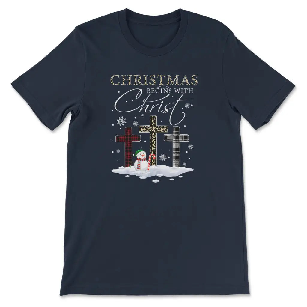 T-shirt Christmas Begins With Christ Crosses Snowman Christmas T-shirt Navy / S