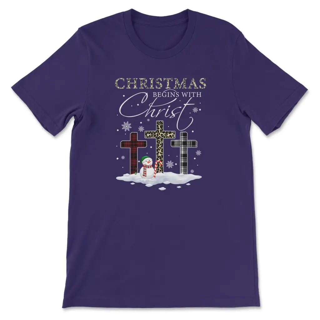 T-shirt Christmas Begins With Christ Crosses Snowman Christmas T-shirt Team Purple / S