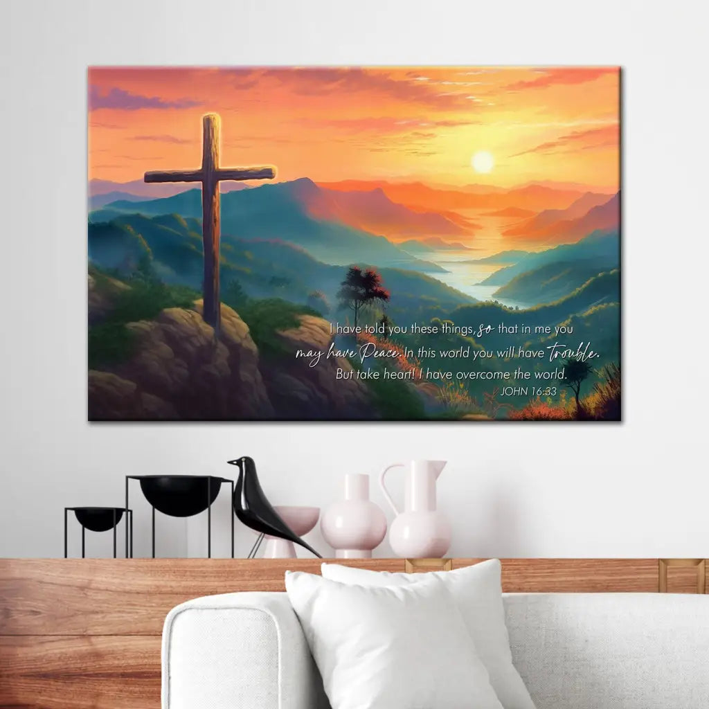 Inspirational wall art featuring John 16:33, "Take heart," paired with a sunset and cross design for faith-filled decor.