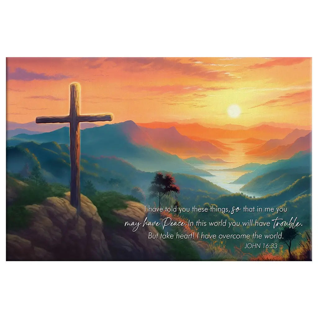 Christian gifts featuring John 16:33 NIV, "I have overcome the world," with a breathtaking sunset and cross for encouragement.