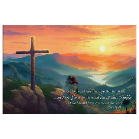 Christian gifts featuring John 16:33 NIV, "I have overcome the world," with a breathtaking sunset and cross for encouragement.