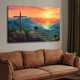 Bible verse canvas with John 16:33, showcasing a sturdy cross against a serene mountain sunset, perfect for Christian gifts.