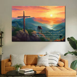 Christian wall art with John 16:33 NIV, "Take heart, I have overcome the world," featuring a cross and a sunset over mountains.