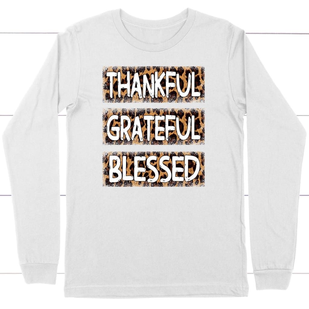 Thankful Grateful Blessed Leopard Long Sleeve Shirt White / S