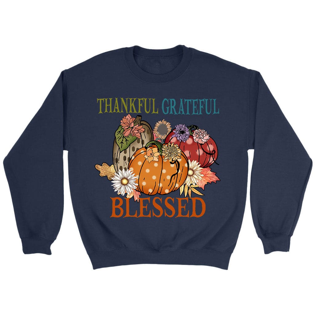 Thankful Grateful Blessed Polka Dot Pumpkin Sweatshirt Navy / S