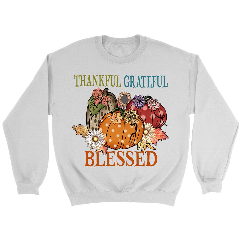 Thankful Grateful Blessed Polka Dot Pumpkin Sweatshirt White / S
