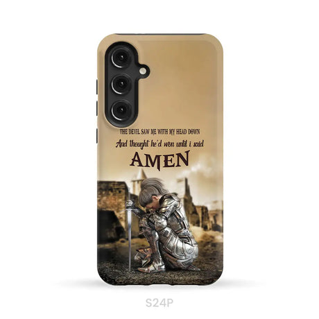 The Devil Saw Me With My Head Down Woman Warrior of Christ Phone Case Samsung Galaxy S24 Plus / Tough Case