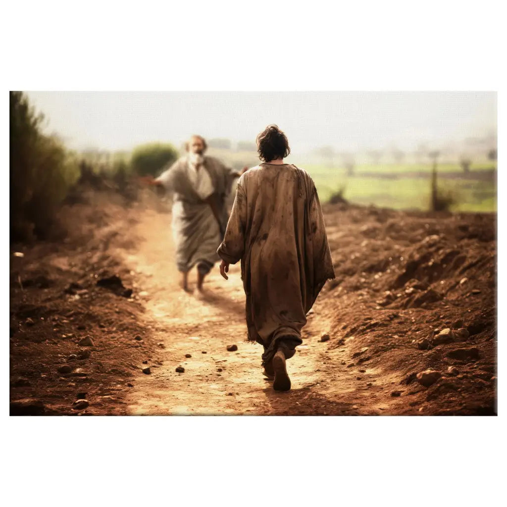Inspirational canvas print of the Father embracing the Prodigal Son, ideal Christian wall art for homes.