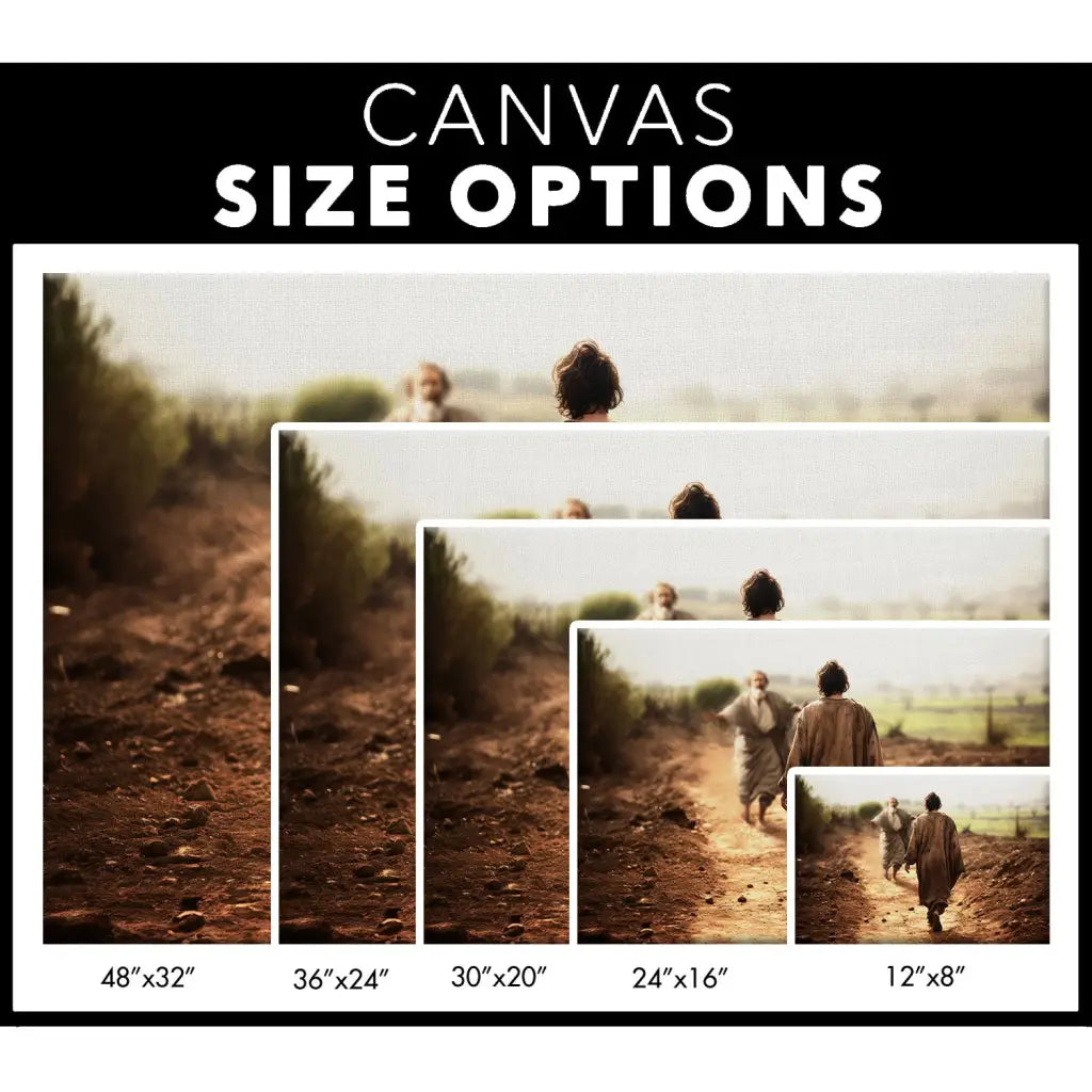 Faith-based wall art displaying the Prodigal Son and the Father running towards him, great religious decor for Christian homes - Canvas size options