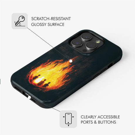 Christian phone case of Shadrach, Meshach, Abednego in furnace, bright flames, faith-based design.