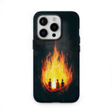 Christian phone case featuring Shadrach, Meshach, Abednego in fiery furnace, inspirational design.