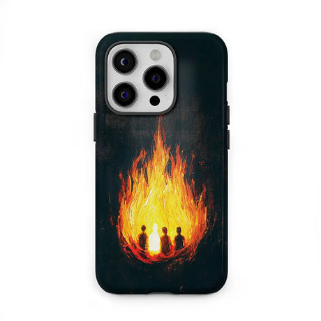 Christian phone case featuring Shadrach, Meshach, Abednego in fiery furnace, inspirational design.