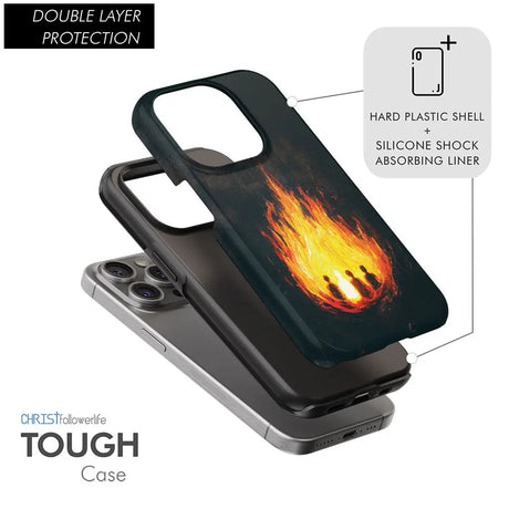 Fiery Furnace phone case with Shadrach, Meshach, and Abednego unharmed in flames, Christian gift.