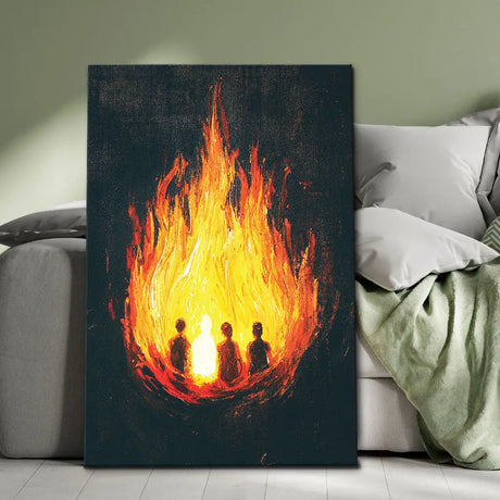 Fiery Furnace canvas art showing Shadrach, Meshach, Abednego with Son of God, Christian wall decor.