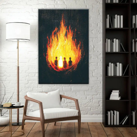 Christian wall decor of the Fiery Furnace, featuring Shadrach, Meshach, and Son of God.