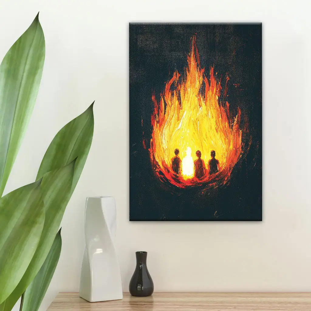 Inspiring Fiery Furnace wall art canvas with Shadrach, Meshach, Abednego, and Son of God.