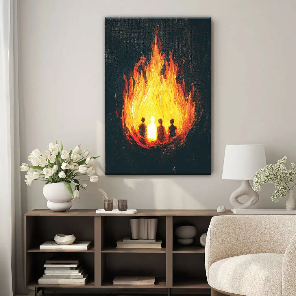Christian wall art of Shadrach, Meshach, Abednego in fiery furnace with Son of God.