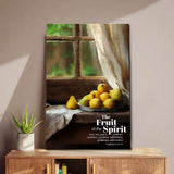 Christian wall art featuring Galatians 5:22-23, "The Fruit of the Spirit," with a rustic window and a bowl of pears for a peaceful touch.