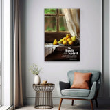 Inspirational wall art featuring Galatians 5:22-23, "The Fruit of the Spirit," with a rustic window and pears, perfect for Christian home decor.
