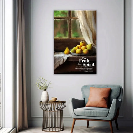 Inspirational wall art featuring Galatians 5:22-23, "The Fruit of the Spirit," with a rustic window and pears, perfect for Christian home decor.