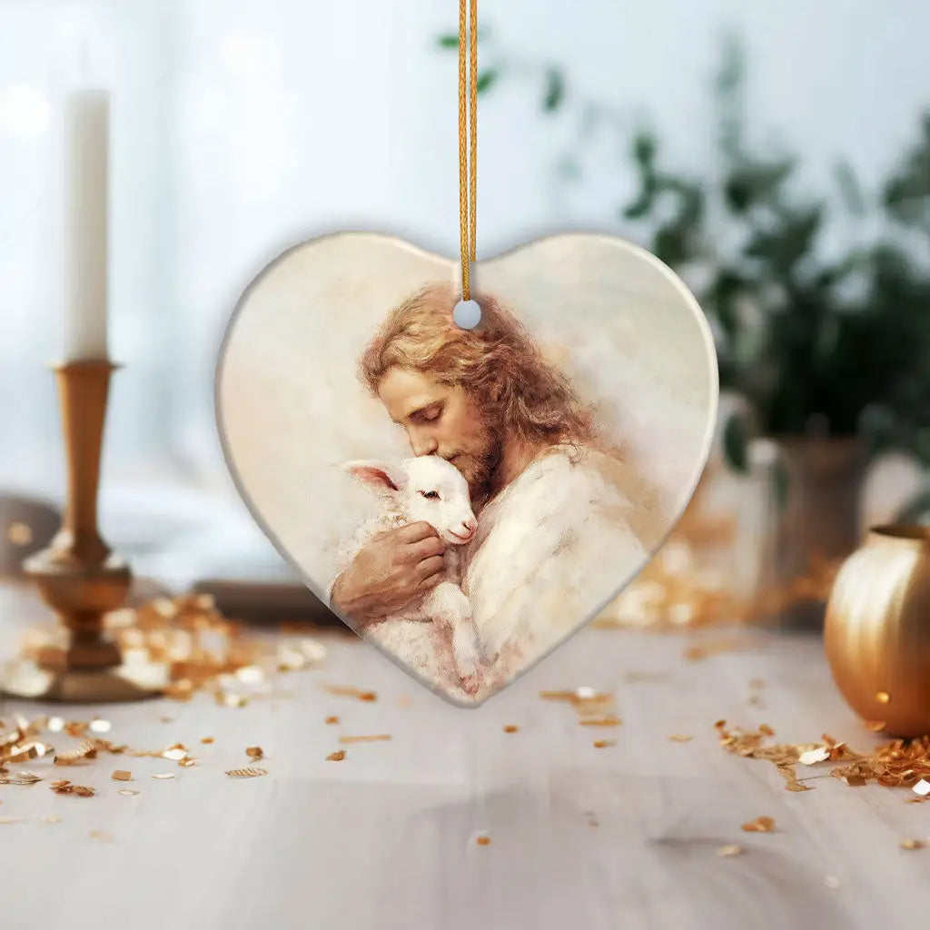 Elegant Good Shepherd ornament symbolizing Jesus’ protection, mercy, and everlasting care.