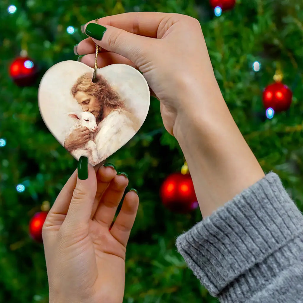Handcrafted Jesus with lamb ornament, ideal Christian gift for Christmas or any season of faith.