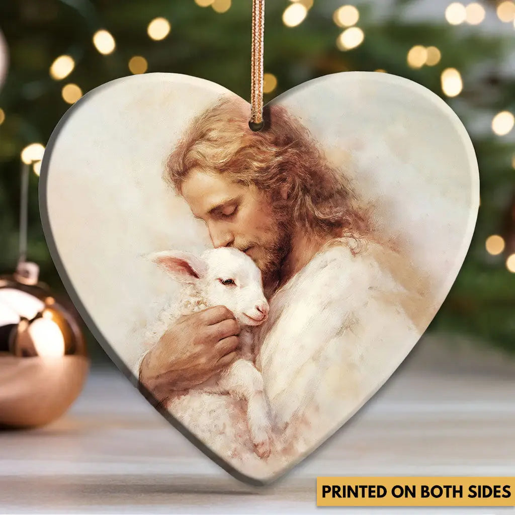 Jesus carrying a lamb ornament, representing divine compassion and the safety found in God’s arms.
