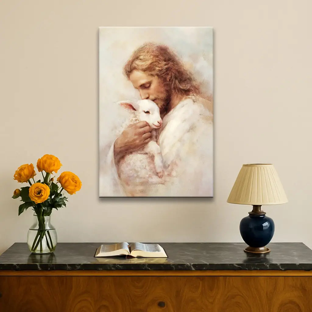 Christian wall art of Jesus as the Good Shepherd with lamb, faith-based gift for comfort and encouragement.