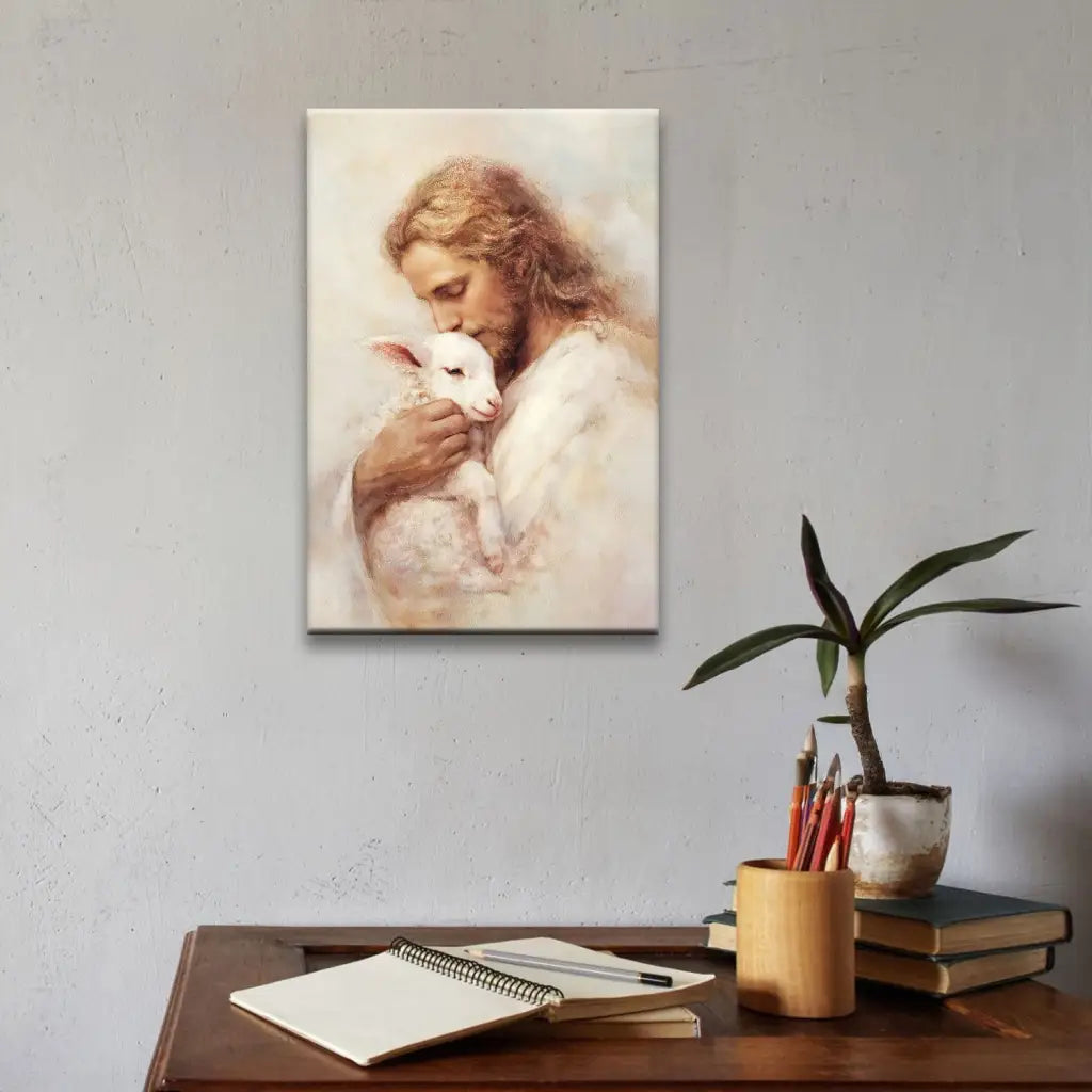 Christian canvas print of Jesus with lamb, perfect gift for parents, friends, or new believers.