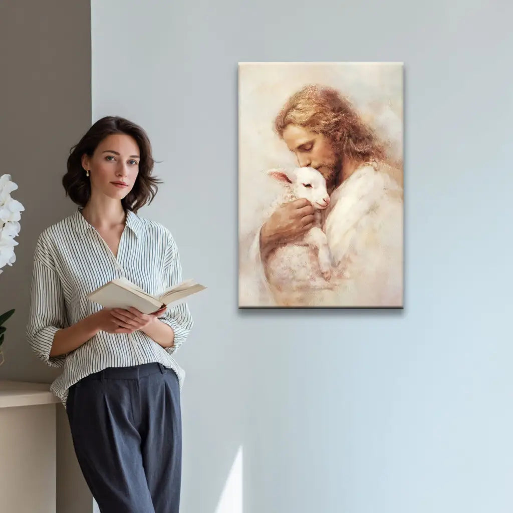 The Good Shepherd canvas, Jesus holding lamb, inspirational Christian gift for birthdays or holidays.