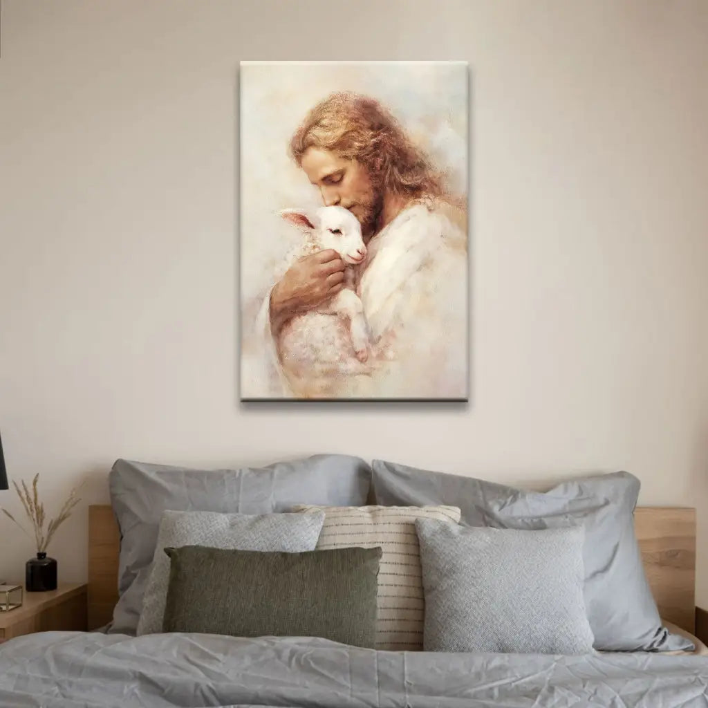 Faith-based wall art with Jesus and lamb, scripture-inspired Christian décor for peace and healing.
